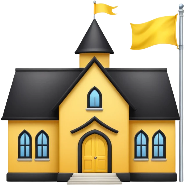 simple magic school, low detail, white background, magic school, black roof, with a big flag, big flag on a roof, big yellow flag, white school emoji