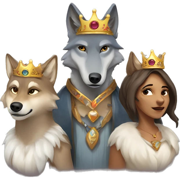 Wolf-mother and wolf-father, two small wolf in the middle one wearing a crown emoji