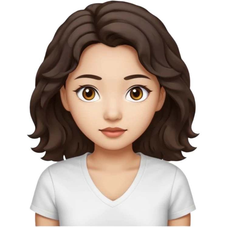 iOS style emoji. A girl with very long dark brown wavy hair. And the eyes color is dark brown. And she is wearing white t shirt with V kneck. And she is 30. She is Asian with double eyelids  emoji