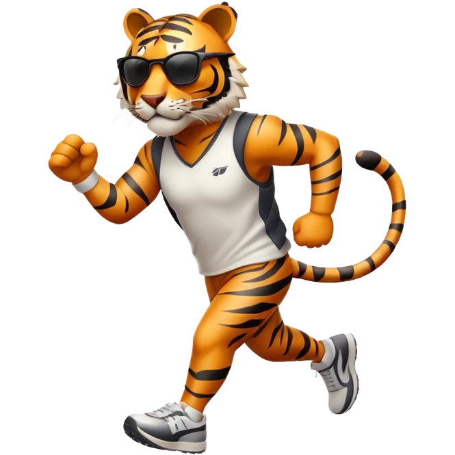 energetic anthropomorphised tiger in sports clothes, wearing dark sunglasses, walking upright, dynamic pose emoji