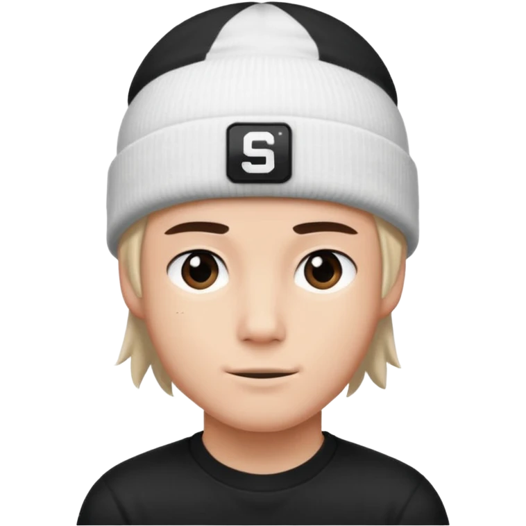 luca wearing a white beanie with a black square logo that says "Steven" on it
 emoji