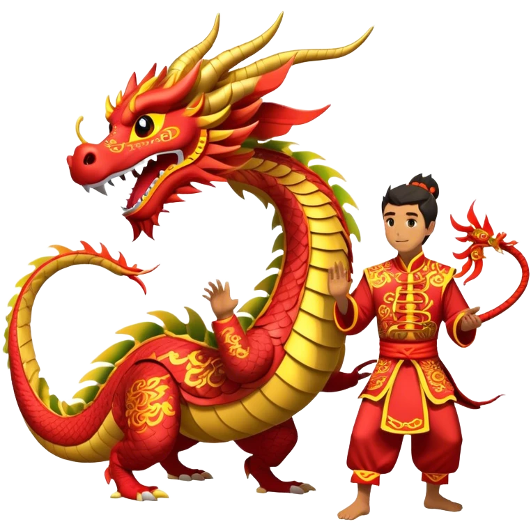 Cinematic Realistic scene of two performers guiding an elaborately designed dragon costume during a Dragon Dance, with vivid traditional patterns and dynamic motion, set under festive, red-tinged lighting emoji