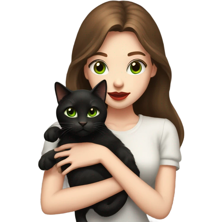 A teenage girl with white skin, green eyes, red lipstick, mid long brown hair, holding a black cat in her arms, view from close emoji