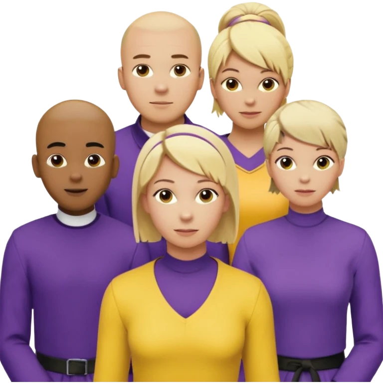 5 person team; 2 men and 3 women.  All dressed in yellow or purple.  1 caucasian woman with blonde mid length hair. 1 caucasian woman with blonde short length hair. 1 caucasian woman has ash blonde hair tied up. 1 man is African-american and bald, 1 man is caucasian and very little hair left.  
 emoji