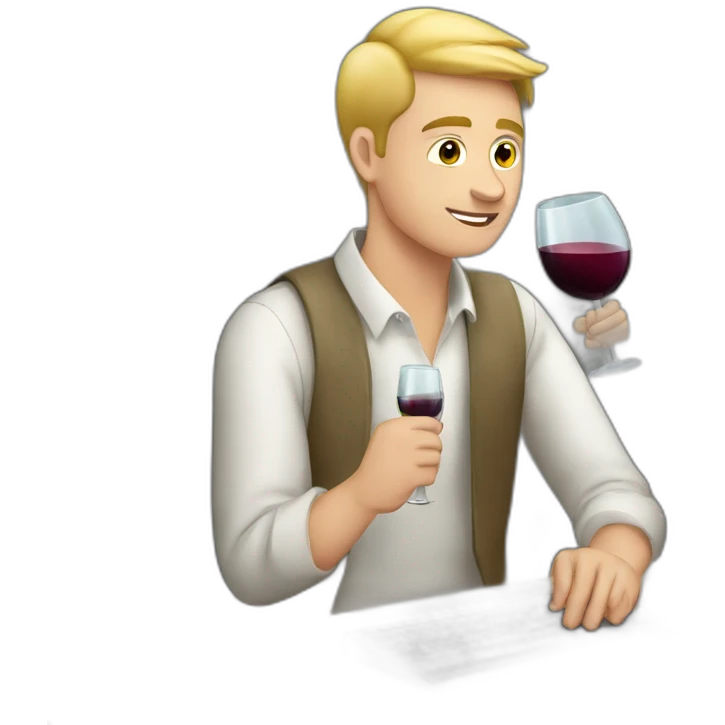 A young white gay man working at the computer while he is drinking wine emoji