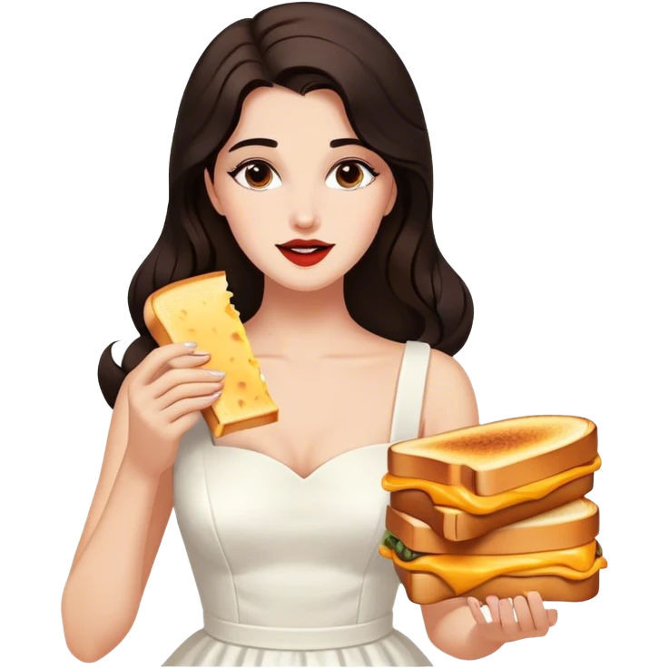 Beautiful woman in 1950’s woman fashion look, white dress, long dark brown hair, grilled cheese sandwiche emoji
