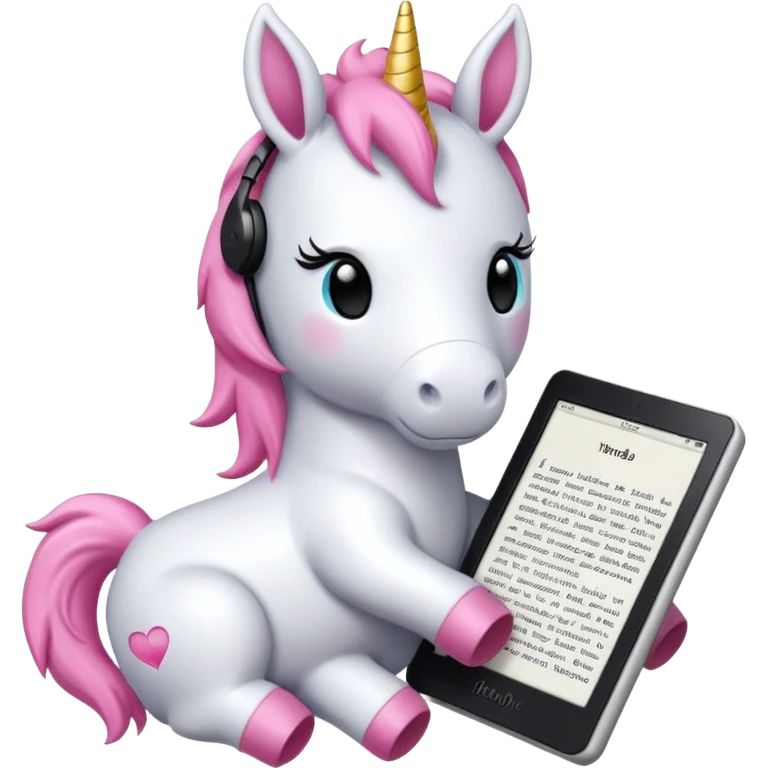 Unicorno peluche bianco con corno rosa brillantato con sulla testa un paio di cuffie e un Amazon Kindle in mano emoji