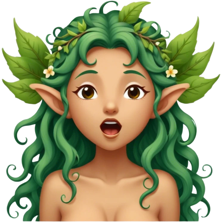 Cinematic Realistic Forest Nymph Fairy Portrait, head tilted slightly with a dramatic, wide-open yawn, revealing a tender, relaxed visage with finely detailed tanned skin and flowing, vine-adorned hair gently framing her face. Her sleepy eyes exude a serene, dreamlike quality as soft natural sunlight filters through the canopy, capturing the essence of a drowsy yet captivating forest nymph drifting into peaceful slumber. emoji