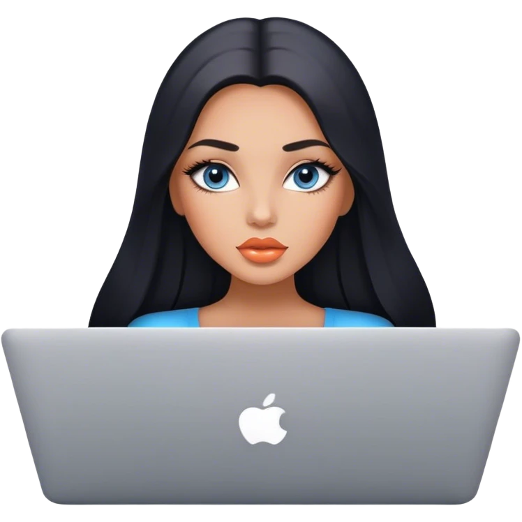 Glamours, tanned, very beautiful girl, with big pump peach lips, black straight smooth silky long hair, straight parting, blue-grey eyes with MacBook emoji