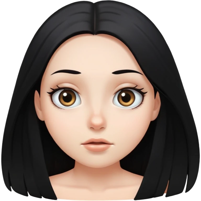 White girl face closeup with huge round eyes, long straight black hair falling in front of her bare shoulders, face closeup emoji