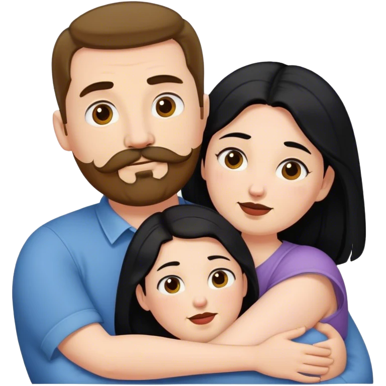 Couple, Tall strong white man with brown mustache goatee hugging a chubby short pale woman with long black hair emoji