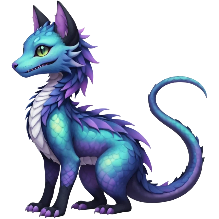 Kawaii black pastel iridescent beautiful pretty elegant divine edgy fantasy feline-vernid-sergal-Haku-dragon-fursona animal creature, full body with intricate markings  emoji