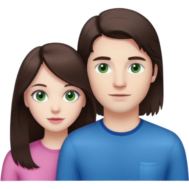 pink polaroid photo of a couple thats white with long brunette hair blue eyes and a white guy with short brunette hair and green eyes emoji