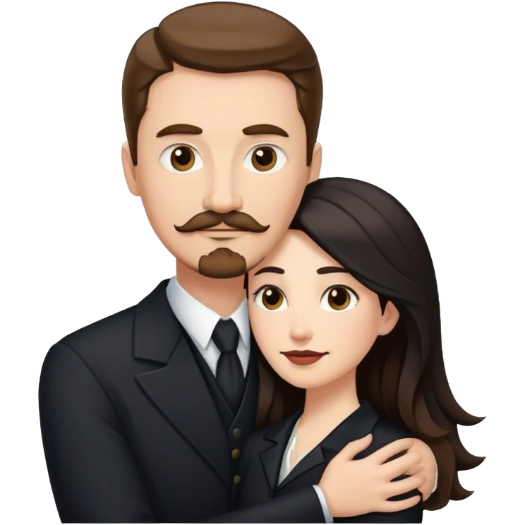 tall white man with brown hair goatee mustache hugging a pale woman with long black hair, wearing formal clothing emoji