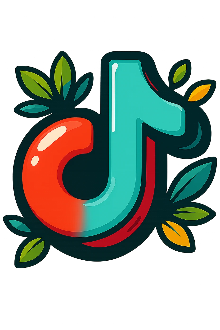 Chunky, soft, and glossy TikTok logo, cartoon style, bold outline, strong shadows, bright highlights, decorated with colorful leaves, no background. Extra attention to contours and shine, in the style of the reference image. emoji