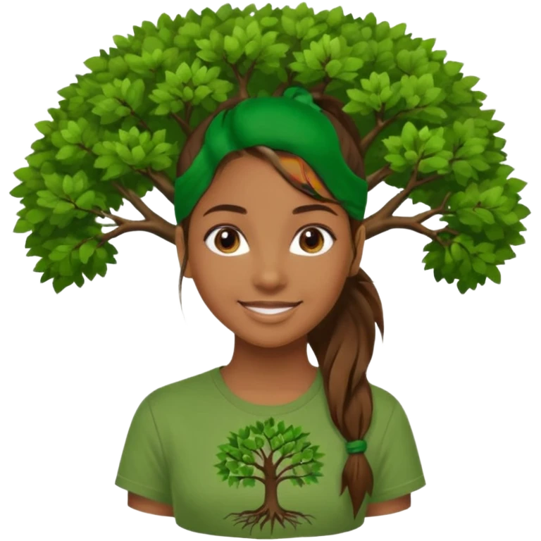 Make a zumba coach emoji, brown eyes, brown hair girl, green shirt withe "the roots" on it, longer pony tail hair, add the tree logo for the roots emoji