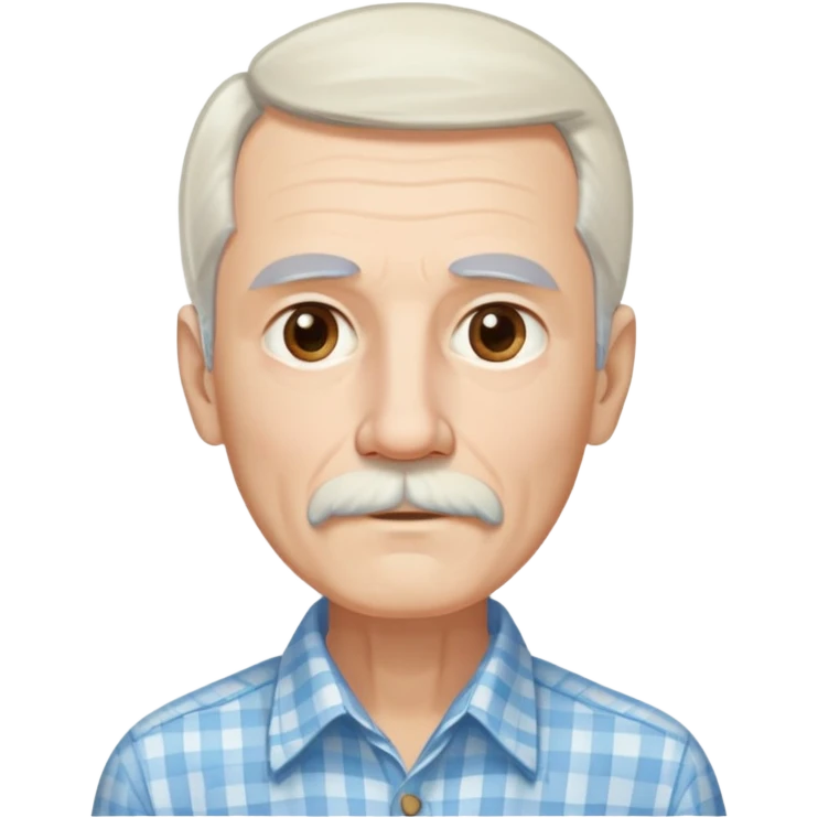 Skinny man in his 70s with fair skin. Long narrow face. Gentle light brown eyes. Fine straight white hair with light bangs, hair length extends below the ears. Thin eyebrows. White goatee connected to mustache. Slender appearance. Wearing a light blue and beige checkered button-up shirt. emoji