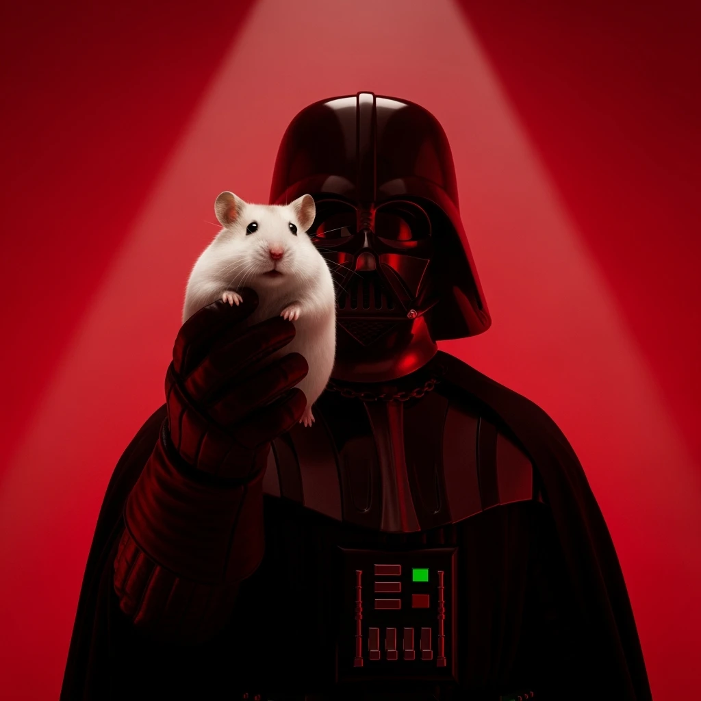 Closeup Photo of a darth vader holding big hamster, low key light, red solid background with leading lines, back light, spot light emoji
