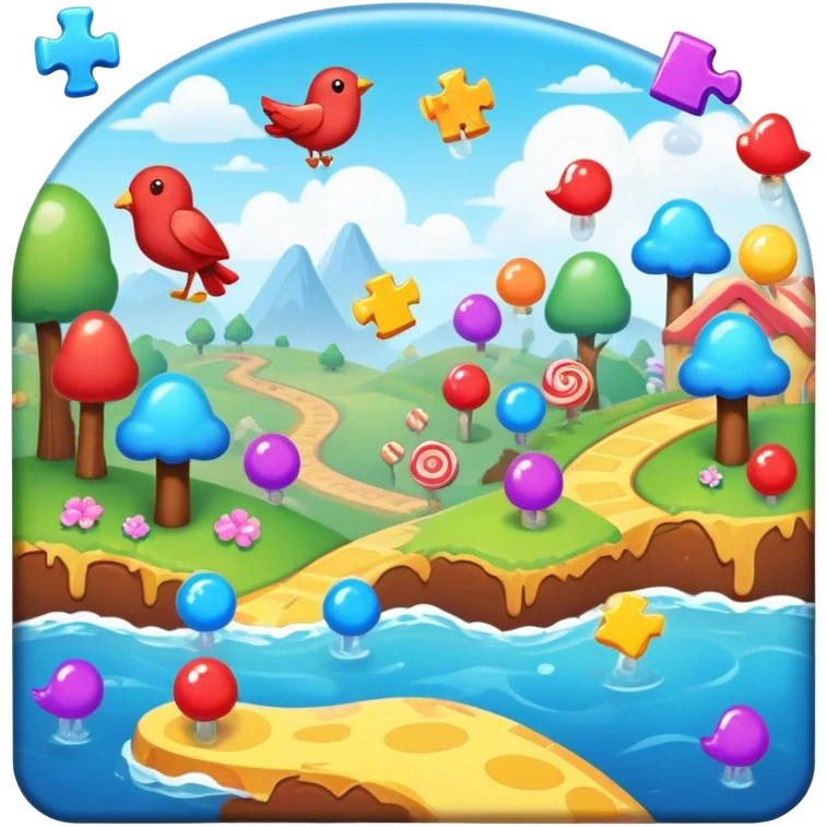 An icon representing a casual game, inspired by titles like Candy Crush. The design features colorful puzzle pieces, bouncing birds, and characters running through dynamic landscapes. Vibrant HUD elements like scores and power-ups highlight the playful. Transparent background emoji