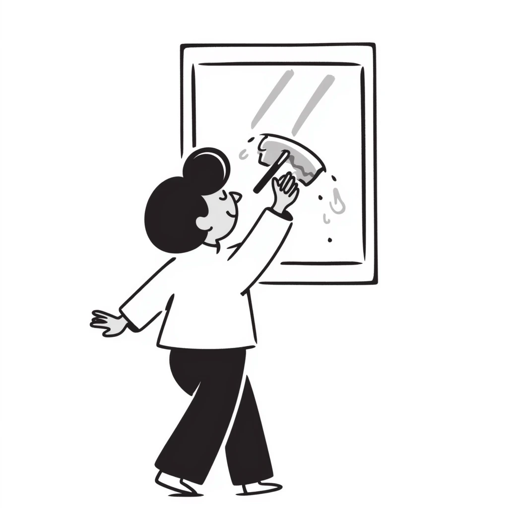 hand-drawn doodle of a window being cleaned, playful, with cleaning motion emoji