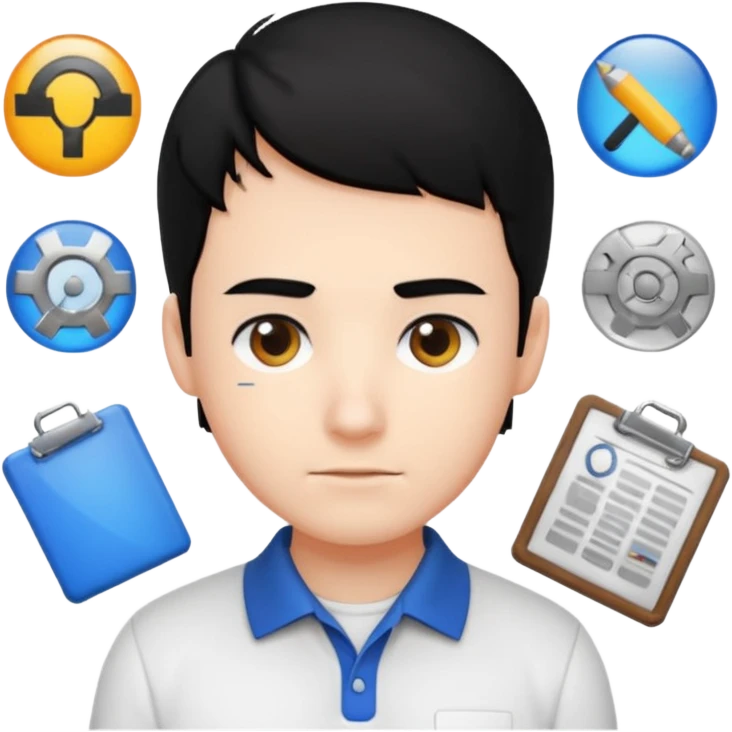 engineer wearing white polo, black hair with site/eng materials on the bg emoji