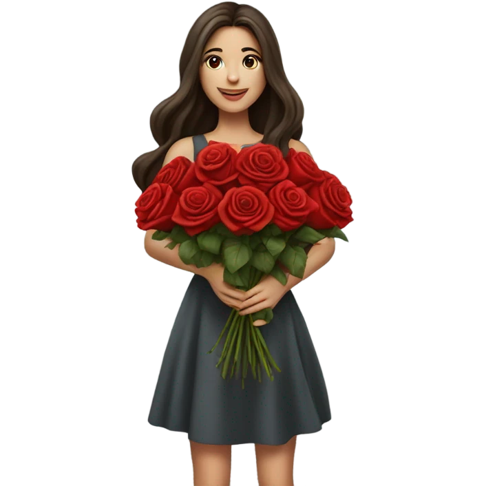 girl with beautiful long hair brunette in her hands a huge bouquet of red roses emoji