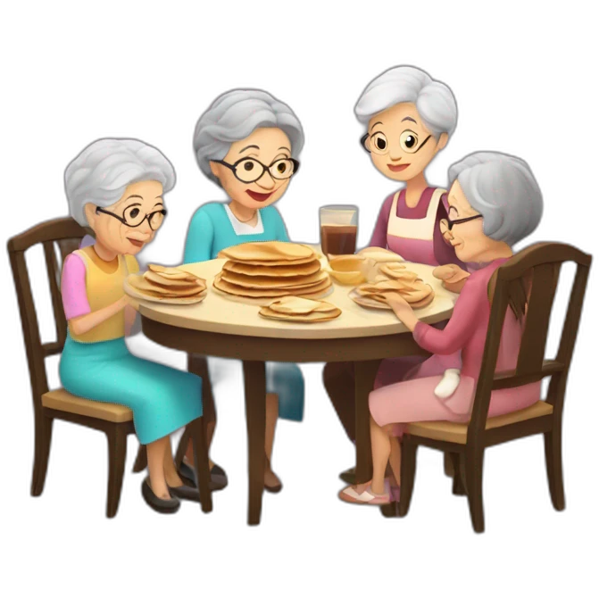 Granny with family in the table eat pancakes emoji