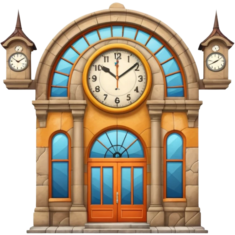 train station facade with clock and tracks, vivid colors, no text emoji