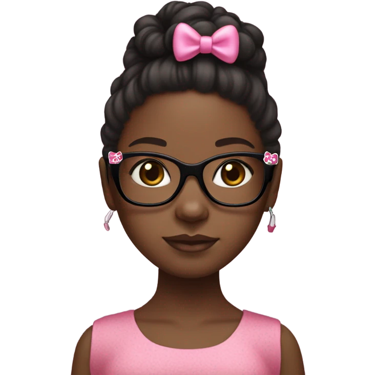 Black girl with long brown hair with a pink bow in her hair with black glasses with a hello kitty crop top on emoji