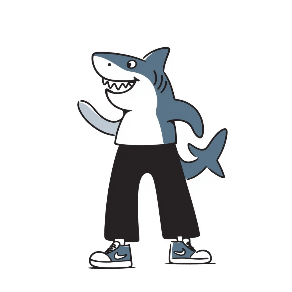 2-legged shark, sideways, smiling, wearing blue Nike sneakers emoji