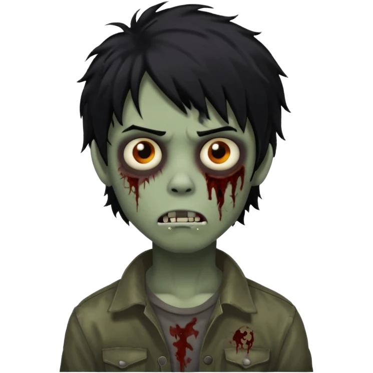 Boy, zombie, black hair, medium long and wavy, emo, shaggy, dark, spooky, creepy expression emoji