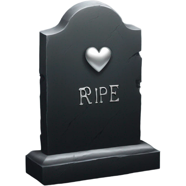 a black tombstone with the inscriptions in silver RIP and a silver heart in the center emoji