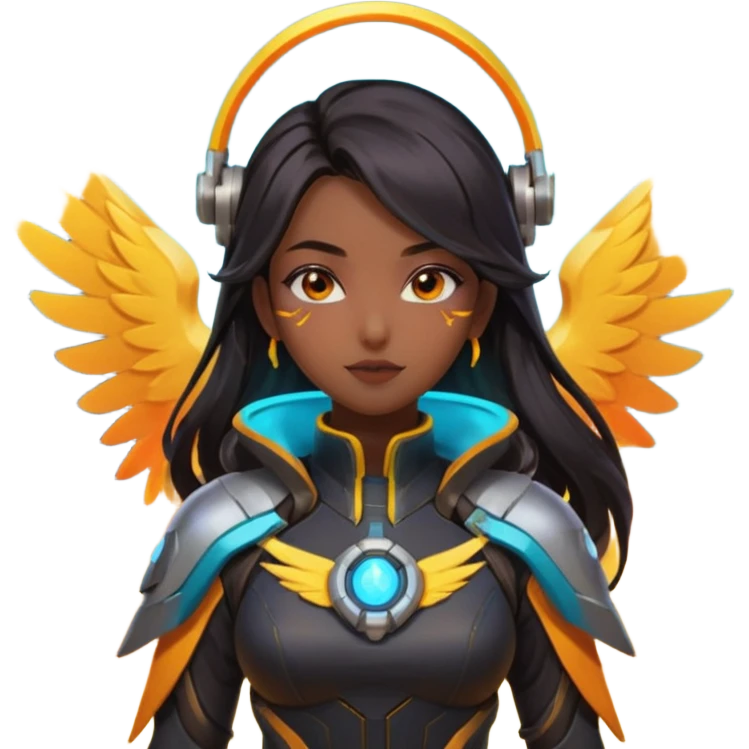 emojis.com an-asian-girl-with-dark-long-hair-and-dark-eyes,-wearing-futuristic-clothes-like-mercy-from-overwatch,-has-her-wings.-on-the-background-is-nebula-of-yellow,-orange,-red-and-turquoise-colours.-she's emoji