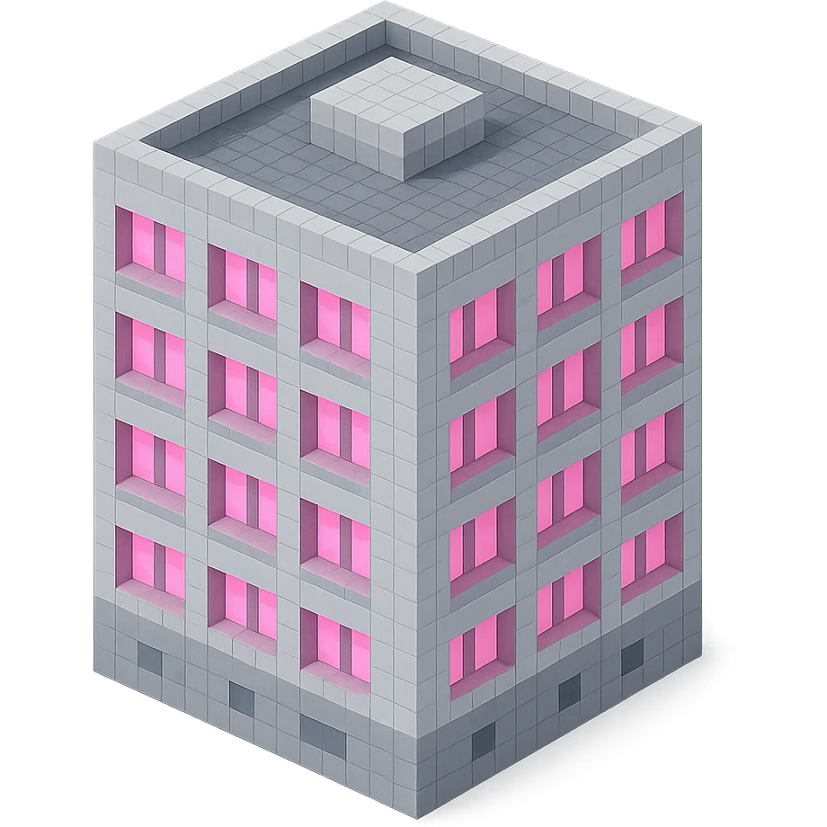 Russian panel apartment building, square block shape, light gray concrete, windows glowing pink, isometric view emoji