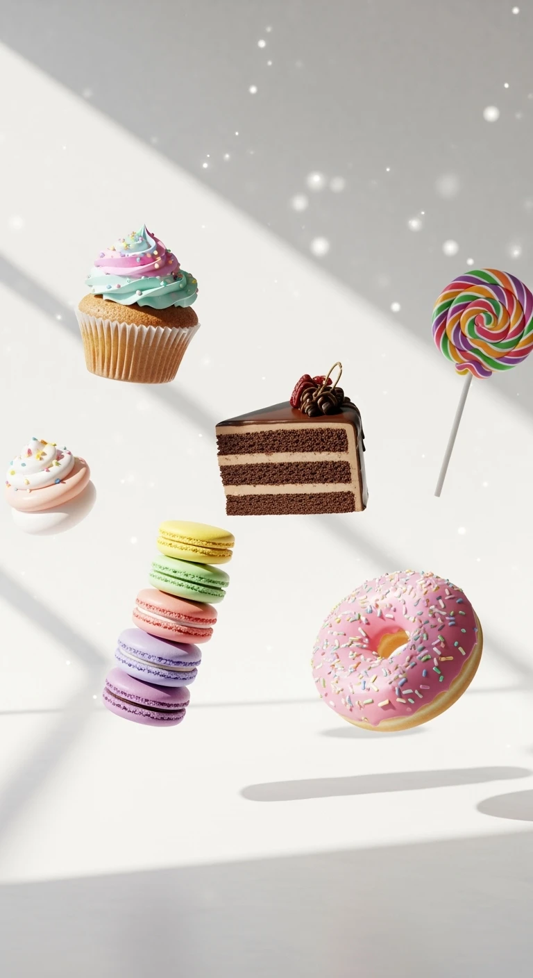 dolci che fluttuano, sfondo bianco emoji