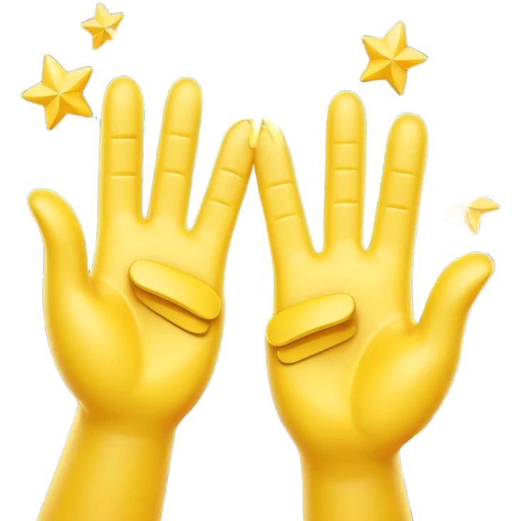 A 3D digital emoji of two yellow cartoon hands doing a joyful high five, palms clapping together in the air, with bright sparkles and motion lines to show excitement and celebration, Apple emoji style emoji