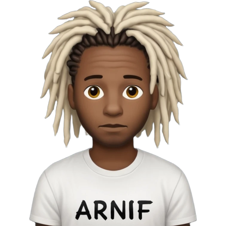 black guy wearing a white shirt saying ARNF in black text in the middle chest while having dreads emoji