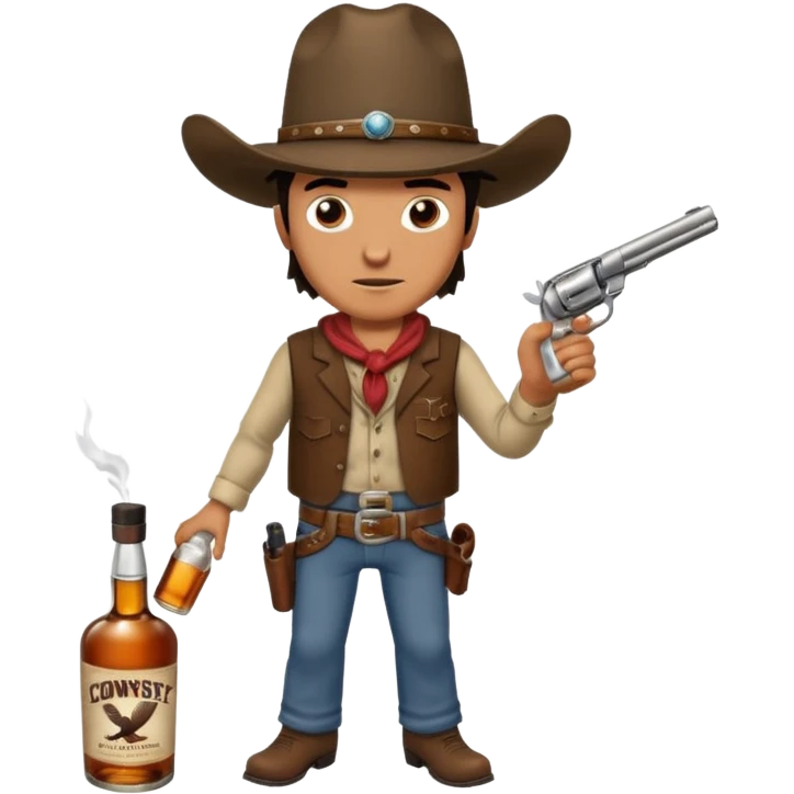 A rough and tumble cowboy with a 6 shooter and a bottle of whiskey. From the view of a bird looking down on the cowboy. Make the graphics dark and gritty in the style of your beeding skull art. emoji