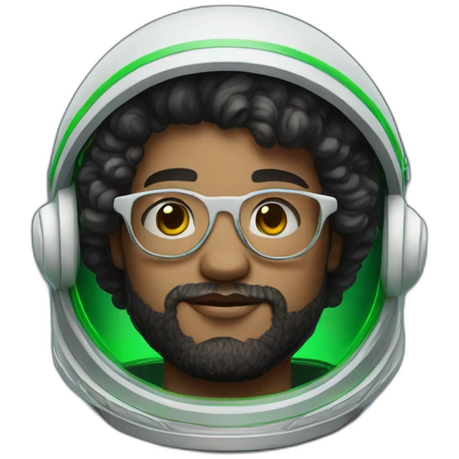 Light skin Man with black short curly hear and beard and glasses wearing a green and white astronaut suit emoji