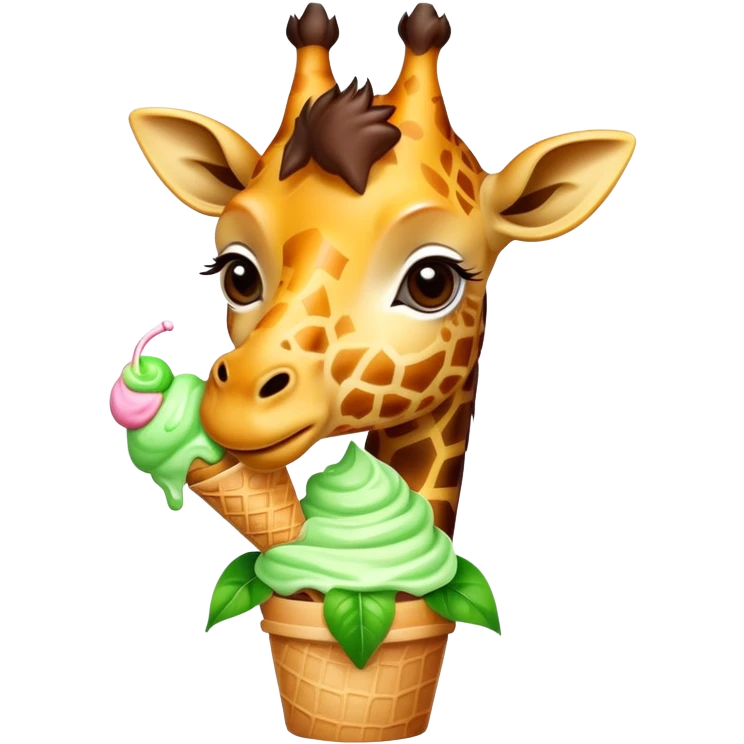 Giraffe eating ice cream with leaves on top of the ice cream emoji