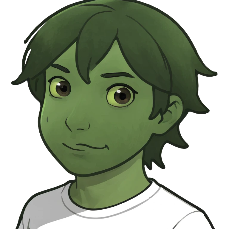 A boy with black hair brown eyes and white T-shirt white skined emoji
