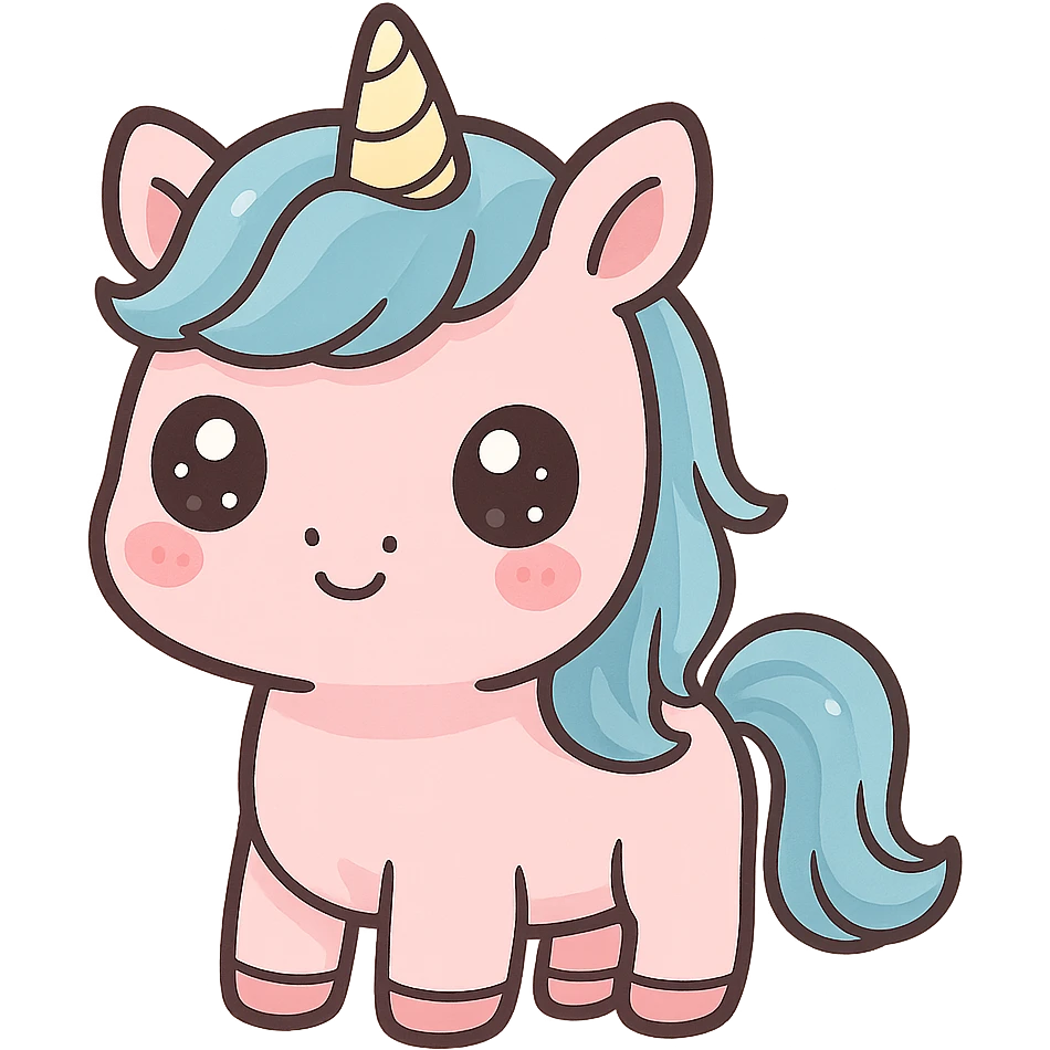 kawaii pink unicorn with blue hair, cute face, big eyes emoji