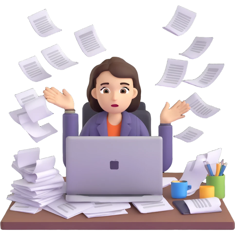 tired woman at a desk with a MacBook, surrounded by messy papers, emphasizing disorganization emoji