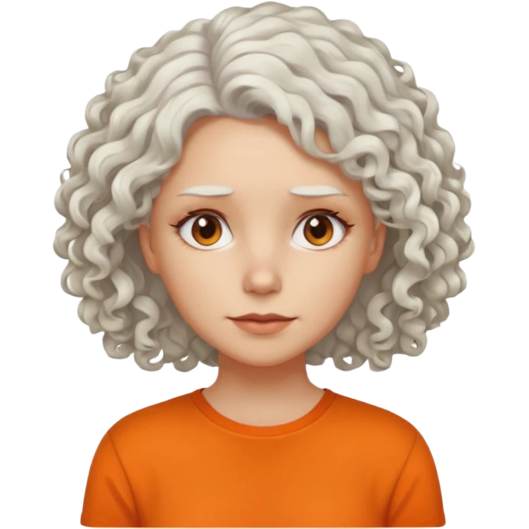 curly white  hair woman in orange shirt no smile emoji