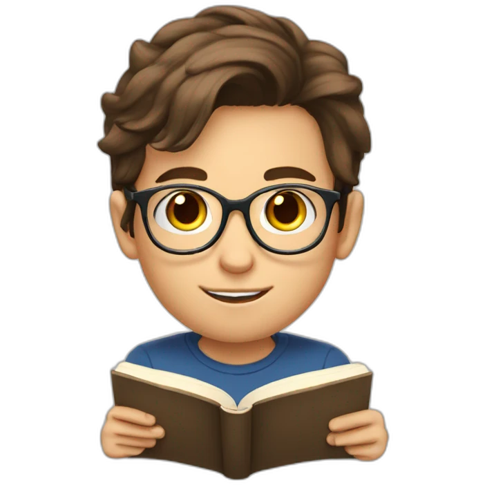 a 12-year-old boy with brown hair and gray eyes with glasses is reading a book emoji