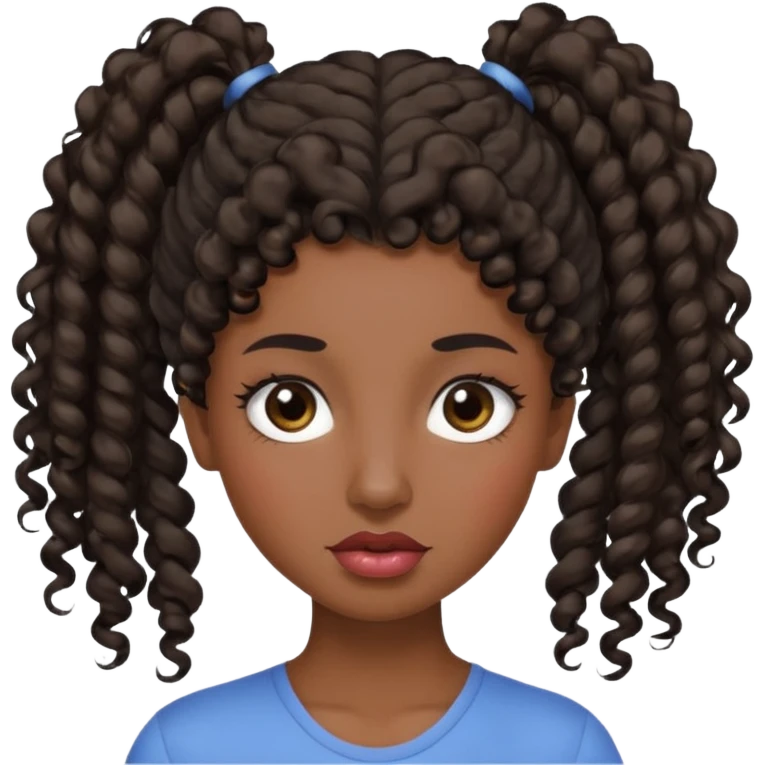 emoji sucking its lips in with one eyebrow up and the other one down dark skin and curly hair in one ponytail with eyelashes up to her hair emoji