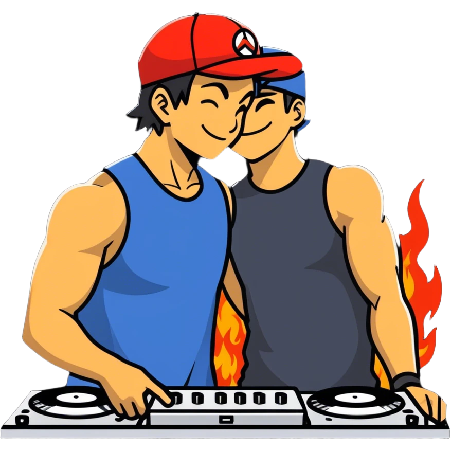 Hot handsomeb muscular 6ft tall smiling happy ash ketchum being a  dj and his music is on fire while kissing a friend emoji