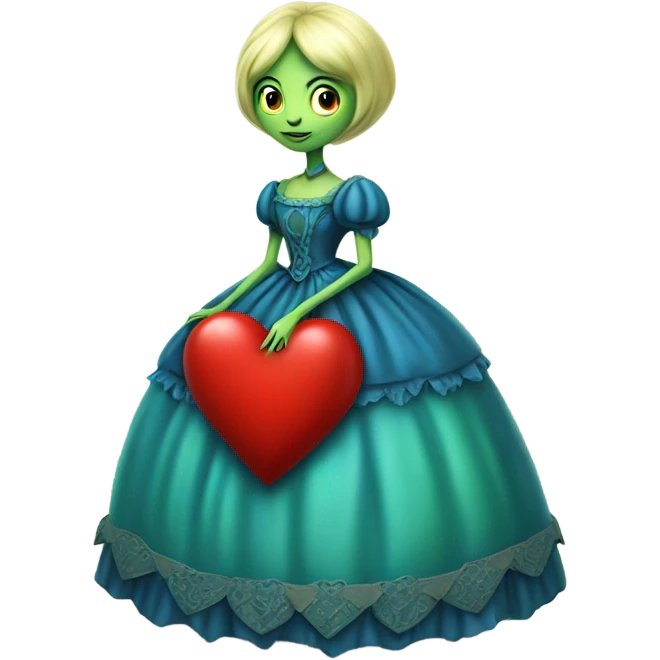 "galora green blonde alien woman" in blue Victorian dress elegant, full body, holdig red big hearth emoji