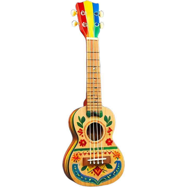 Create a vibrant and artistic emoji representing a ukulele with a Mexican design. The ukulele should feature a bright, colorful body with traditional Mexican patterns, such as geometric shapes, floral motifs, or colorful stripes. Use rich, warm tones like red, yellow, green, and blue to give the instrument a lively, festive look. Highlight the wood grain of the ukulele’s neck and fingerboard, and add subtle details like decorative inlays or a small Mexican flag symbol on the body. The strings should be clearly visible, and the instrument should be in a slightly angled position to showcase its unique design. The background should be transparent. emoji