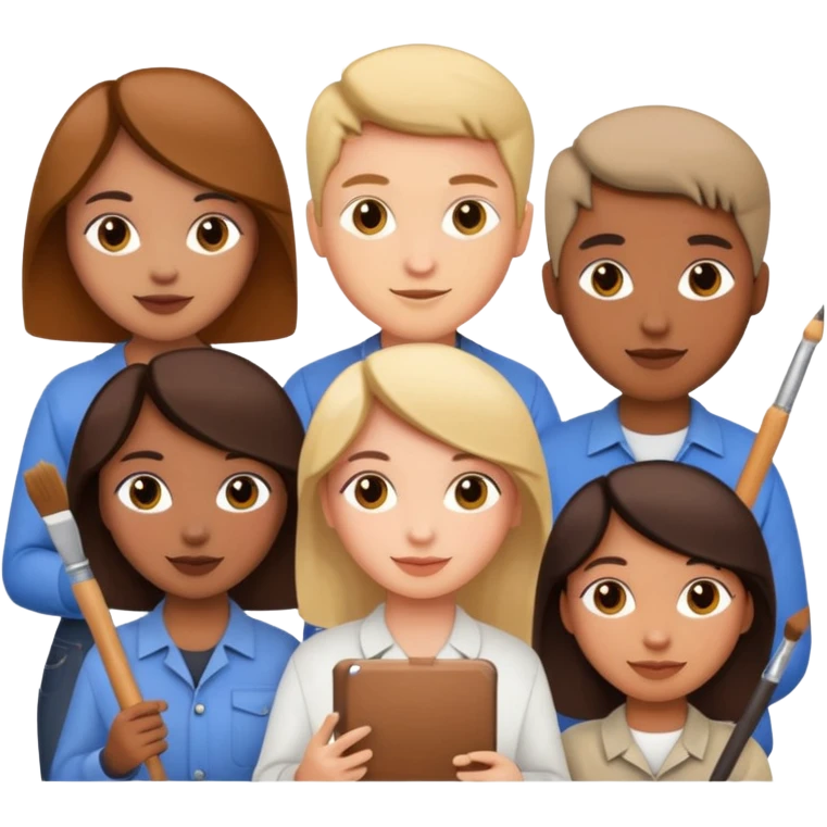 group of designers with art tools, friendly vibe emoji